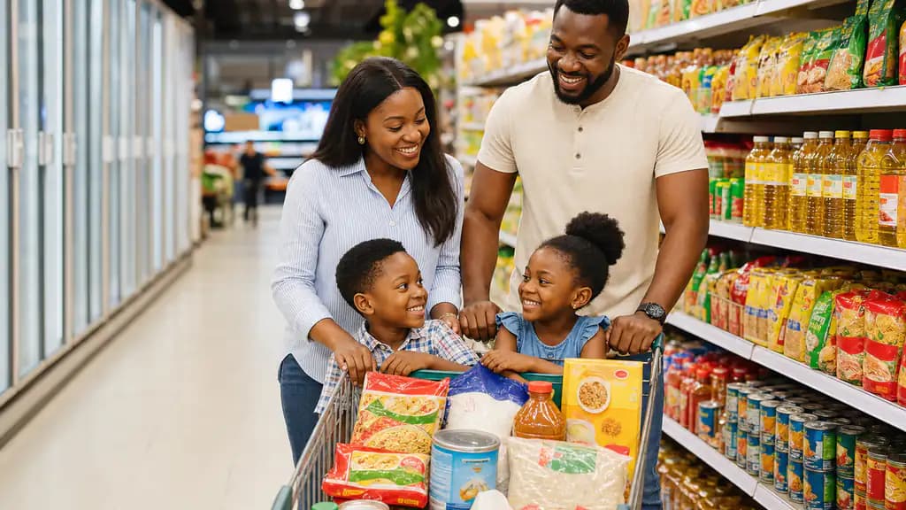 Young Nigerian parents shopping with their children in a supermarket